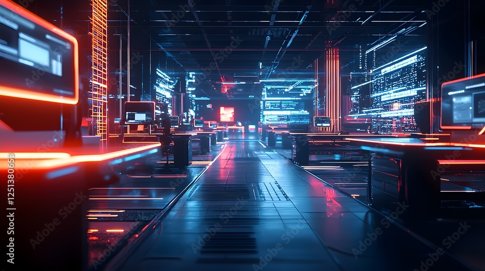 Poster futuristic advanced office of the future with floating desks voice controlled systems and augmented 