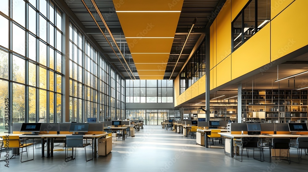 Poster sleek and efficient advanced futuristic office interior featuring floating desks voice controlled sy