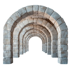 Series of stone arches forming a symmetrical architectural structure, isolated on a pure white background. The textured stone blocks and repetitive design create a sense of depth.