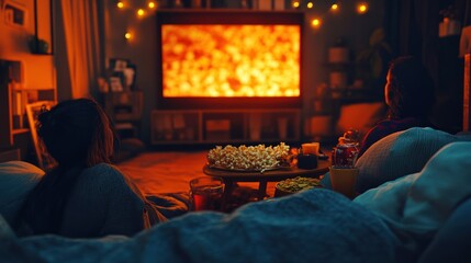 Cozy night in, watching movie on TV with snacks