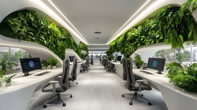 Highly advanced office design from the year 3500 featuring biometric access self driving chairs and AI driven a futuristic sustainable and technologically enhanced workspace - Powered by Adobe