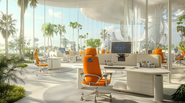 Highly Advanced Futuristic Office Design from the Year 3500 with Biometric Access Self Driving Chairs and AI Driven for Increased Productivity and Efficiency in a Modern Sustainable Workspace