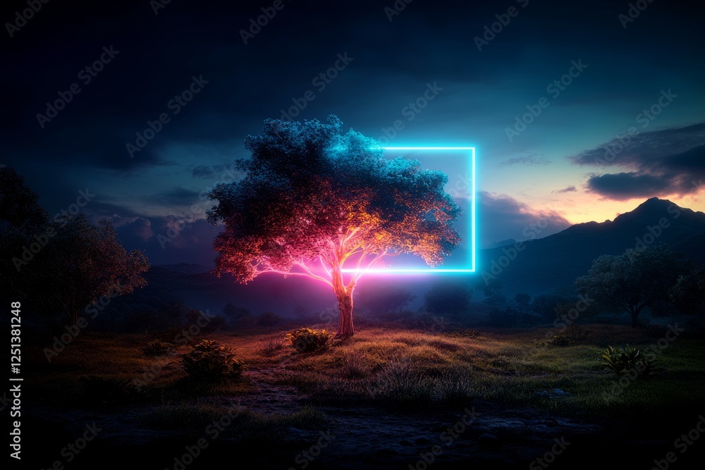 Aufkleber tree illuminated by neon lights under a twilight sky in a serene landscape with mountains in the bac