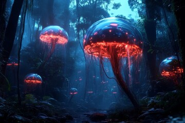 Obraz premium Unique bioluminescent jellyfish illuminate a dense jungle at night in an otherworldly setting