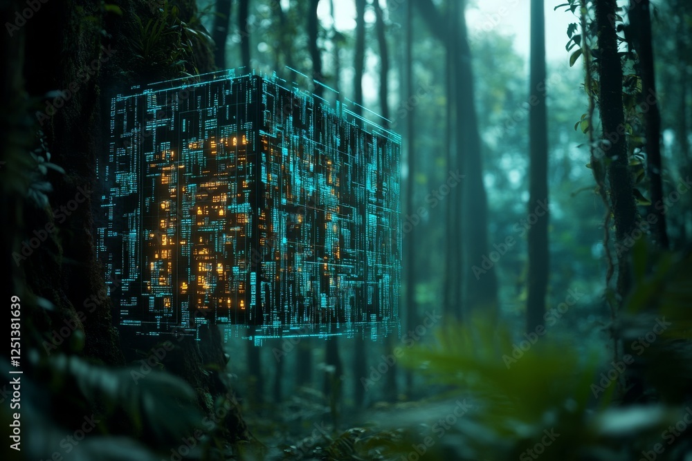 Poster digital cube floating in a dense forest with glowing patterns at dusk