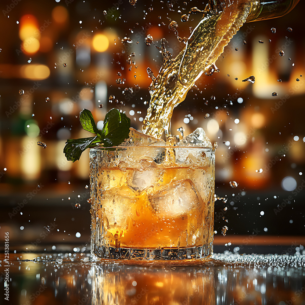 Poster refreshing cocktail with ice and mint leaves, splashing liquid in bar setting. vibrant colors and dy