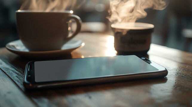 Morning coffee and smartphone on wooden table.
