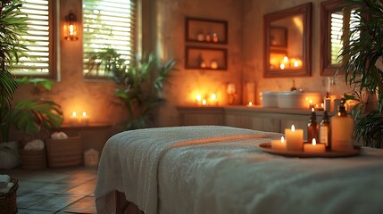 Obraz premium Tranquil and Relaxing Massage Therapy Room with Soft Lighting Candles and Essential Oils for a Calming and Rejuvenating Experience