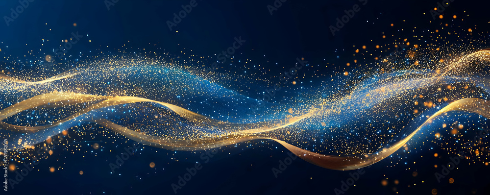 Poster Abstract golden and blue wave pattern with sparkling particles on dark background