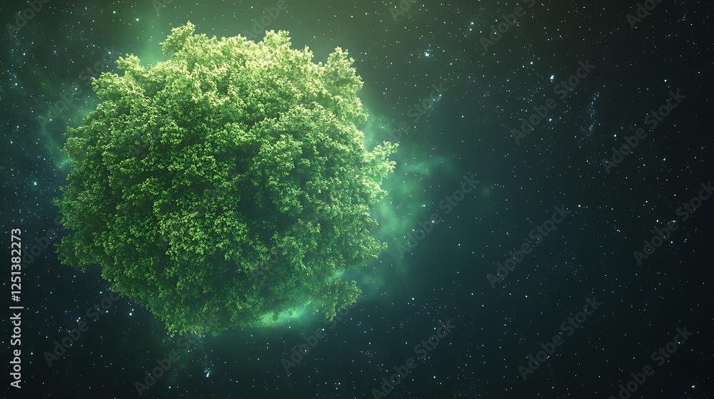 Poster a vibrant image of a lush green earth with dense forests and floating elements, showcasing nature's 