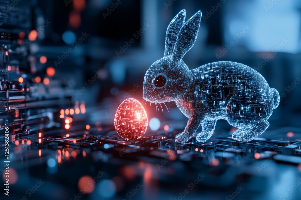 Poster digital rabbit interacts with glowing egg in a technological landscape during spring