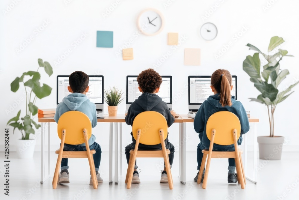Poster a 3d isometric rendering of a classroom where students are engaged in an online placement test on in