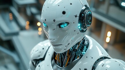 Futuristic robot head in modern interior