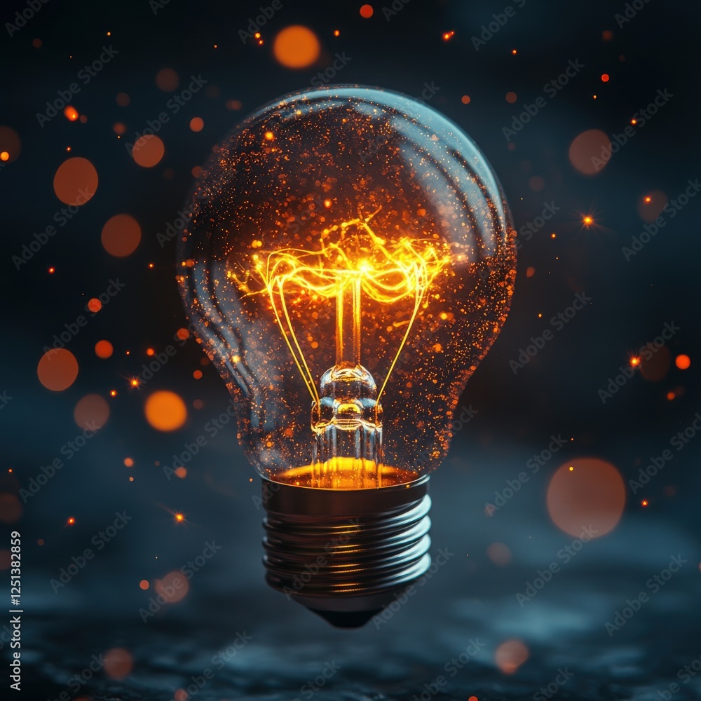 Poster stunning close-up of a glowing light bulb with sparkling glow and bokeh effect, illuminating artisti
