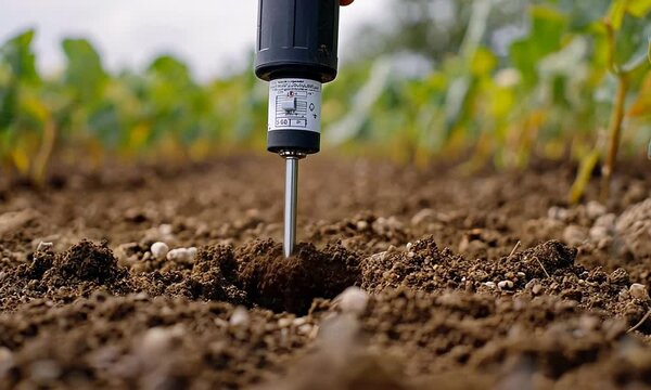 Close-up of a soil sampling tool being inserted into rich earth in a vibrant agricultural field
