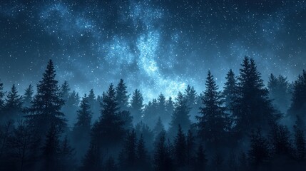 Starry night sky over a dark forest