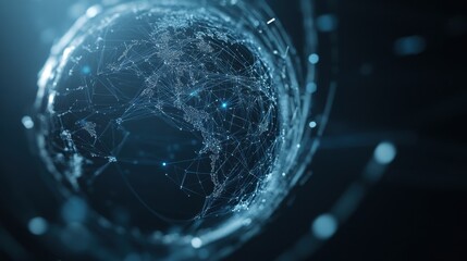 Blue digital globe with network connections and floating nodes representing global communication