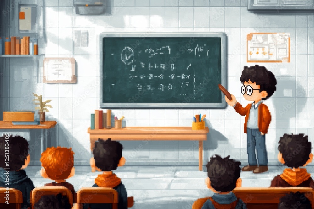 Aufkleber a 8-bit pixel art of a school teacher marking attendance on a pixelated blackboard with students sit