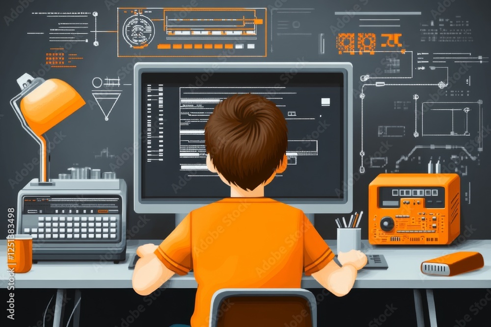 Poster A 8-bit pixel art of a student sitting at a desk, taking a placement test on a retro-style computer