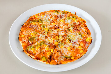 Traditional Turkish cuisine. Pizza, pita, pidesi, sucuk, hummus, kebab. Many dishes on the table. Serving dishes in restaurant. Mix, formaggi, veggie pizza. Top view, flat lay