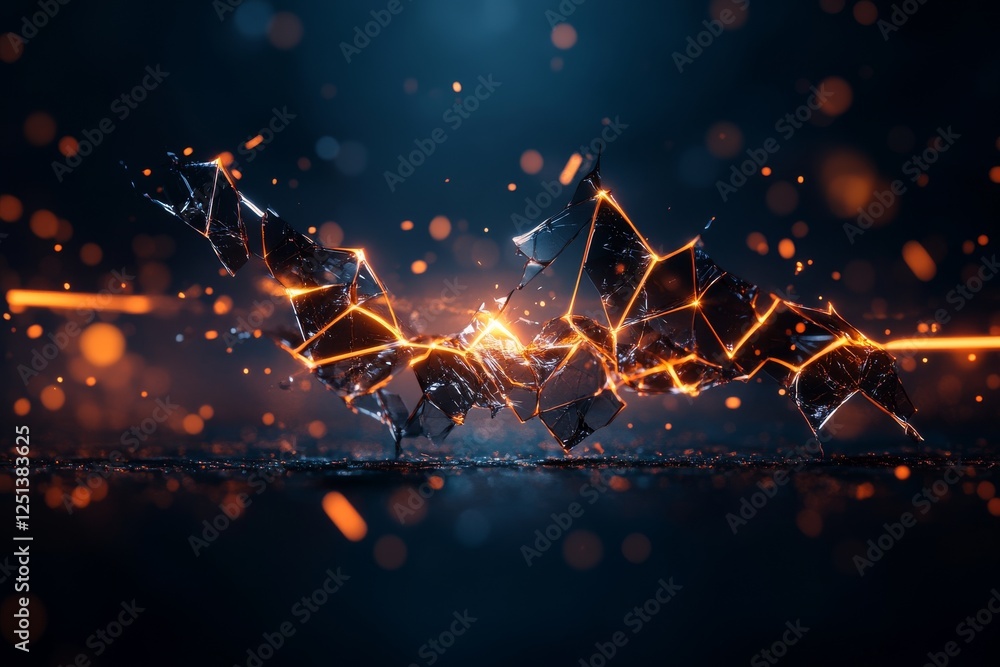Poster abstract representation of dynamic energy with glowing shards and sparks in dark setting