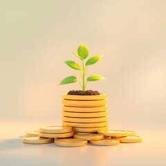 Plant growing from a stack of gold coins. (5)