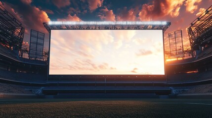 Vibrant sunset over stadium and large screen.