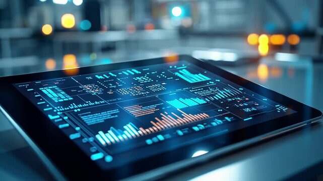 Futuristic tablet computer displays complex data visualizations and analytics on its vibrant screen in a blurred high tech environment. Suggesting advanced technological capabilities and innovation