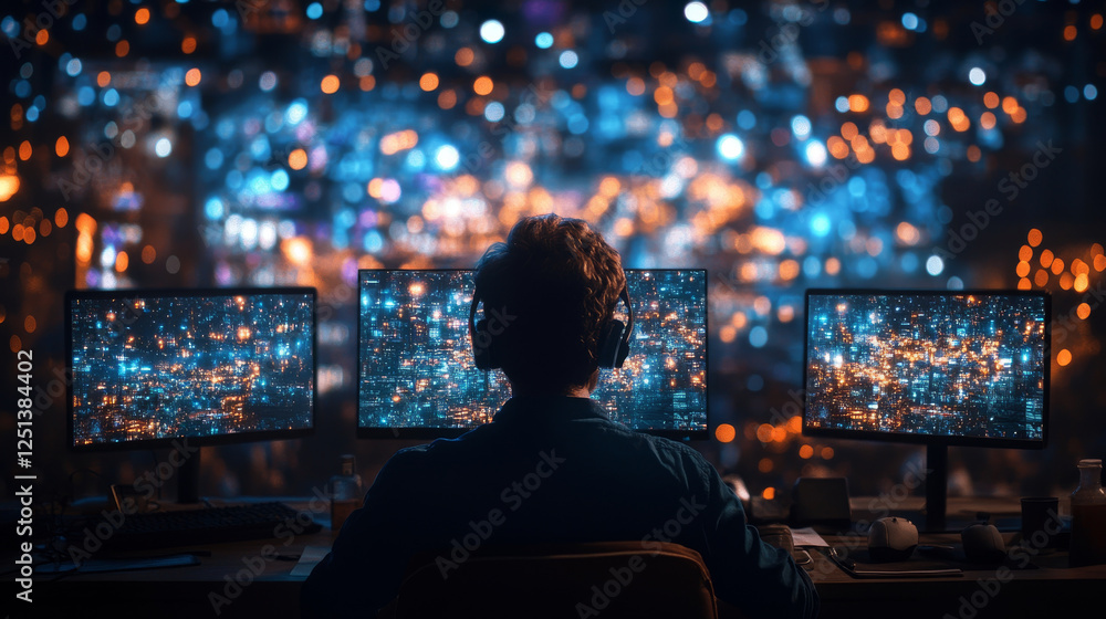 Poster person working at multiple computer screens in cityscape at night, illuminated by colorful lights, c