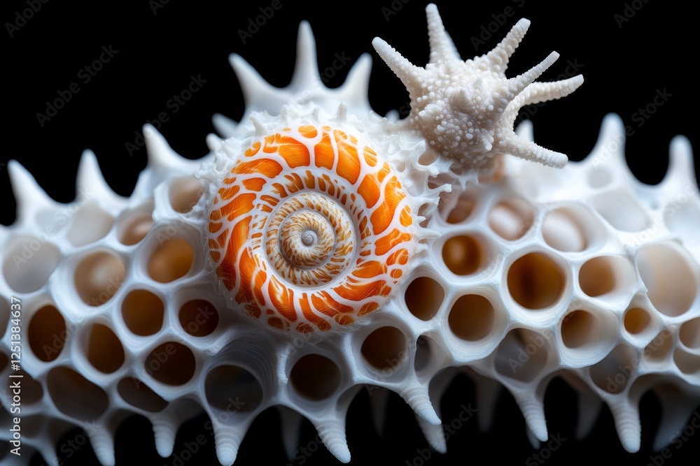 Poster close-up view of intricate seashells displaying detailed patterns and textures against a dark backgr