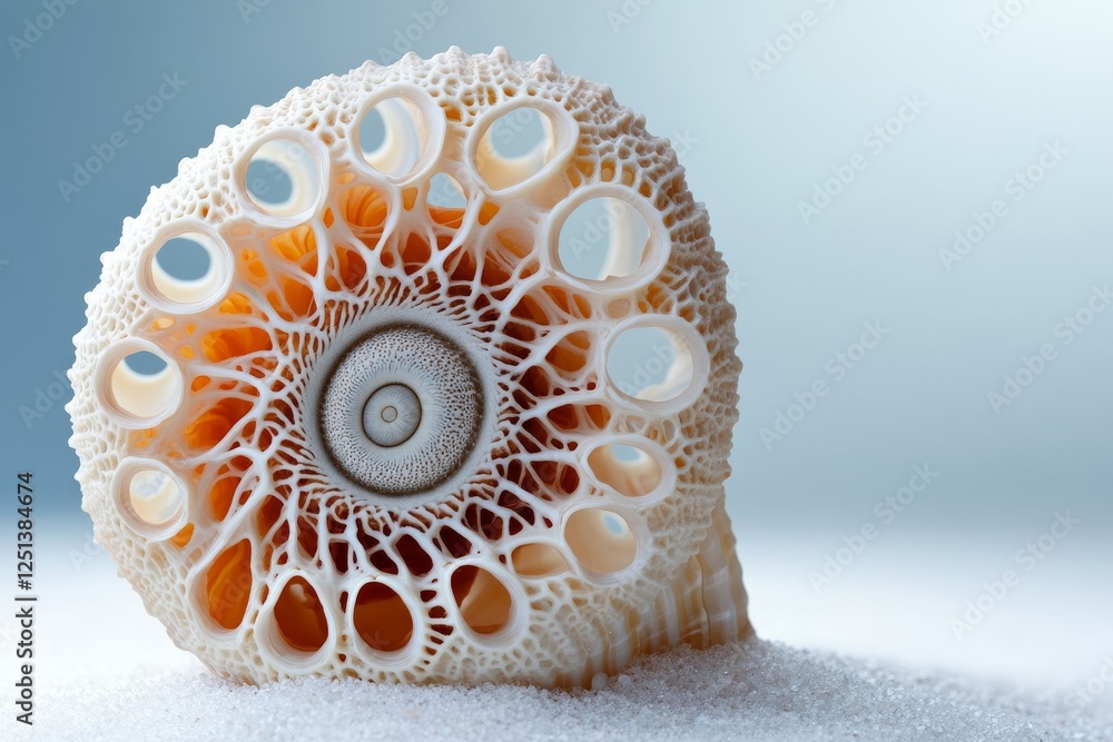 Poster unique spiral shell with intricate patterns displayed on soft sandy surface in natural light