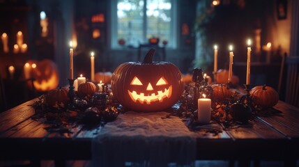 Festive Halloween Party Table with Pumpkin Centerpiece