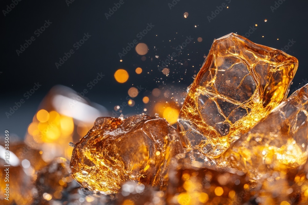 Poster clear ice cubes splash and create vibrant water droplets in a dynamic composition at close range