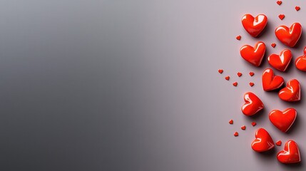 Shiny red heart shapes on a graduated gray background
