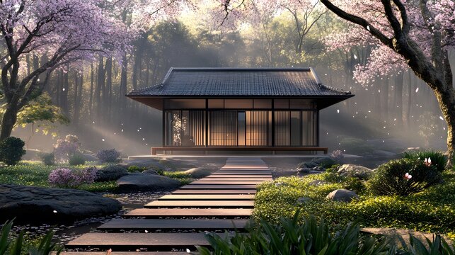 Traditional Japanese tea house surrounded by a serene zen garden, soft morning mist and cherry blossoms gently falling, tranquil and harmonious