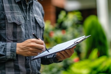 Asian inspector checking structure of new property and taking note in the clipboard for review and fix the house before sell to client
