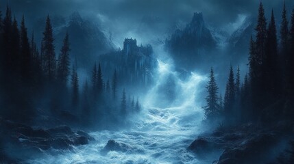 Fototapeta premium Mystical mountain river, night fog, fantasy artwork