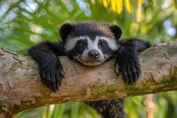 Fototapeta premium Adorable raccoon dog resting on a branch with a blurry green background in the forest