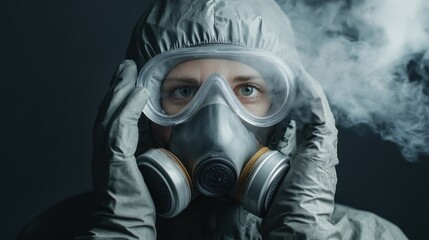 Man wearing gas mask and gloves in a biological warfare environment for safety precautions