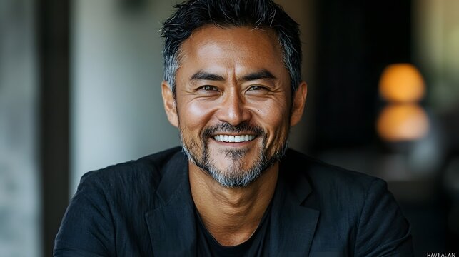 Closeup portrait of a friendly and approachable Asian male professional with a warm and confident smile dressed in business attire in an indoor corporate office environment