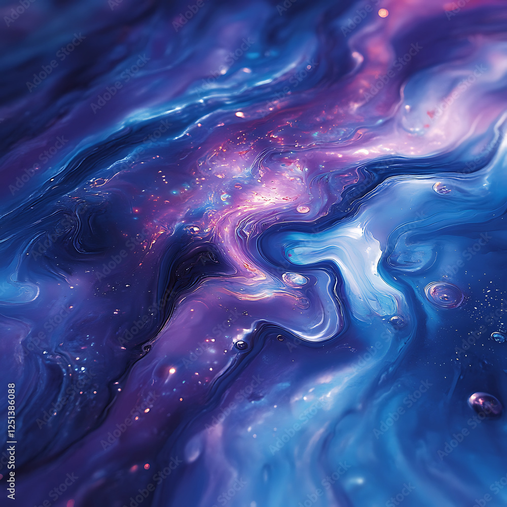 Poster mesmerizing liquid iridescent fluid in shades of blue and purple, creating cosmic and dreamy atmosph
