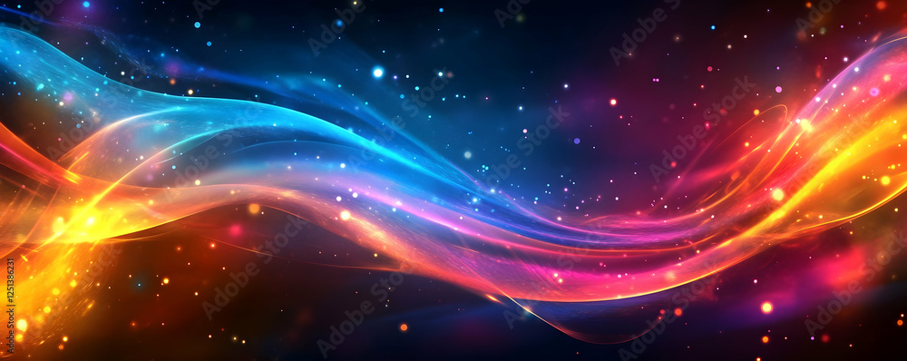 Poster Colorful abstract wave patterns with sparkling particles in a dark background