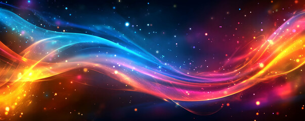 Naklejka premium Colorful abstract wave patterns with sparkling particles in a dark background