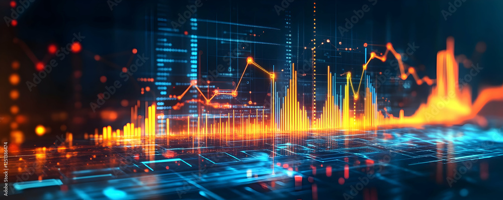Poster vibrant digital data visualization with fluctuating graphs and glowing elements