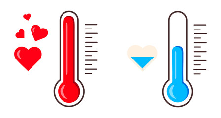 Set of love thermometers in cartoon style. Vector illustration of  thermometers with red, blue scales, hearts isolated on white background. High and low levels of love. Measuring love.Valentine's day.