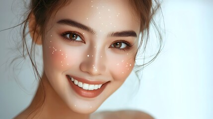 Close up portrait of a beautiful and confident Asian woman with a genuine relaxed and cheerful expression on her face The image showcases her natural beauty flawless skin and attractive features