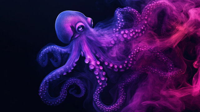 Purple and pink smoke in the shape of an octopus on a black background