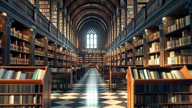 A blurred background of an old library with rows of shelves filled with books, creating a cozy atmosphere for reading or studying in the university.