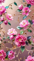 A wallpaper design, intricate floral pattern, various shades of pink. Delicate rose, sakura and peonies intertwine with swirling vines and leaves, soft gradient background. Flowers luxurious pattern