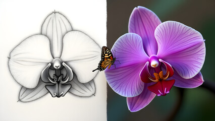 Fototapeta premium A butterfly transitions between two worlds—a black-and-white sketch of an orchid on one side and a vibrant purple orchid on the other, symbolizing transformation and contrast.